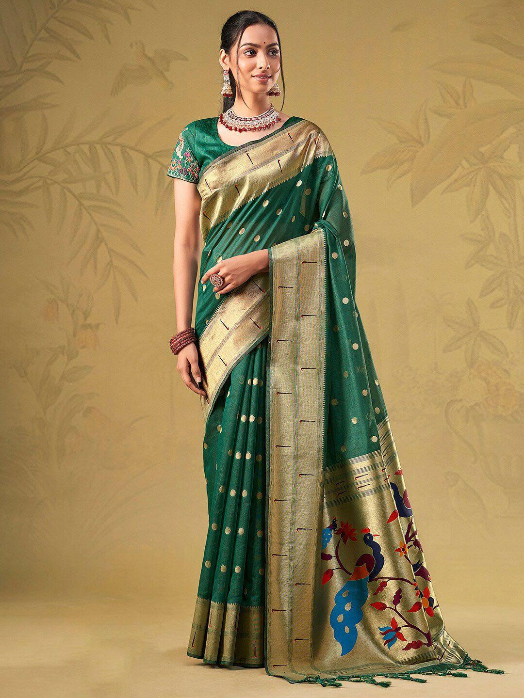 mitera green & gold-toned ethnic motifs woven design zari kanjeevaram saree