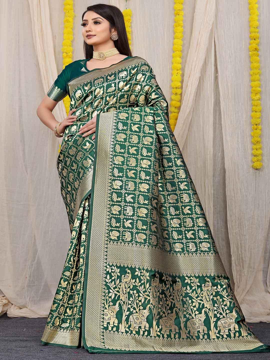 mitera green & gold-toned ethnic motifs woven design zari saree