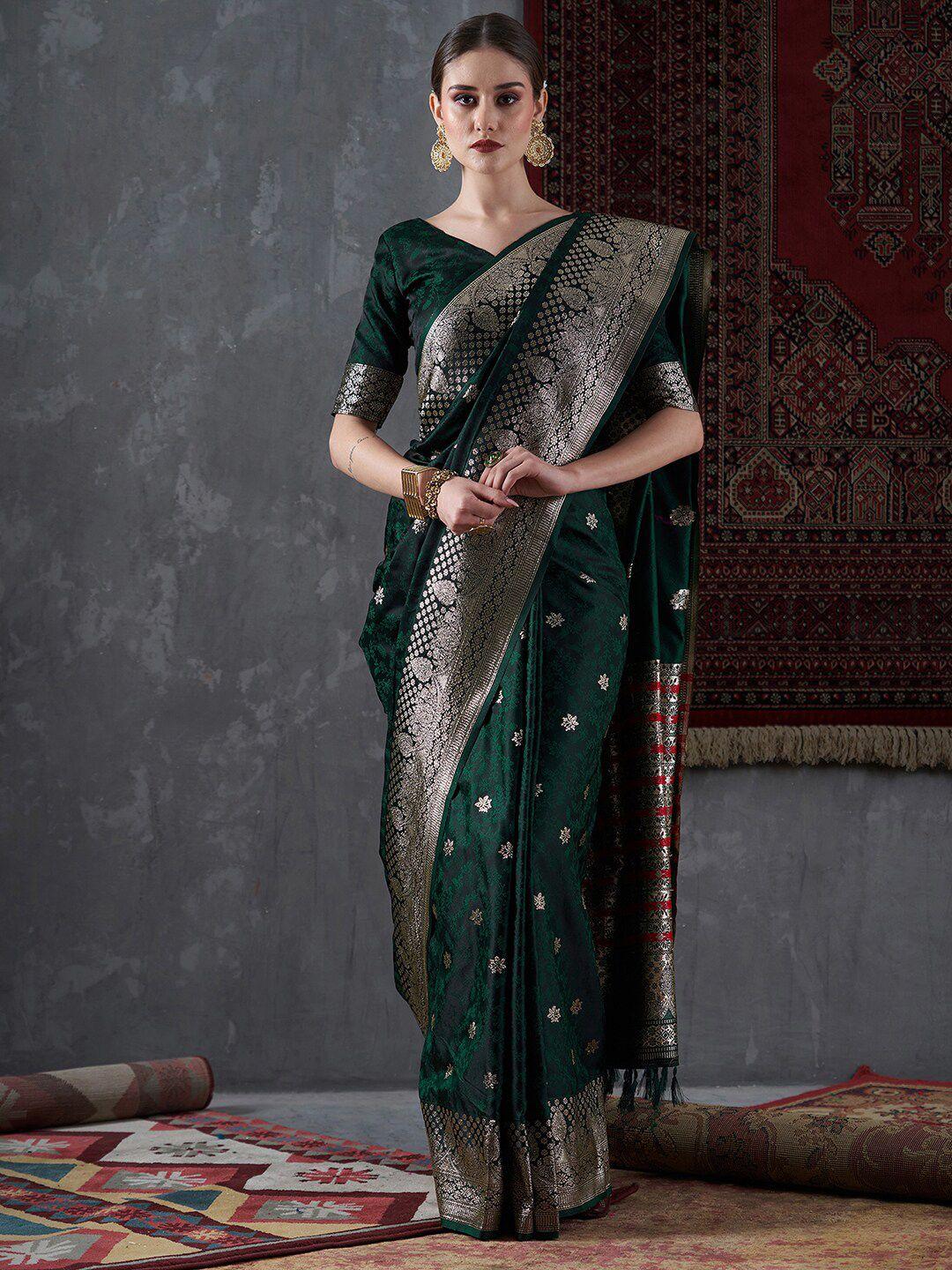 mitera green & gold-toned ethnic motifs woven design zari satin banarasi saree