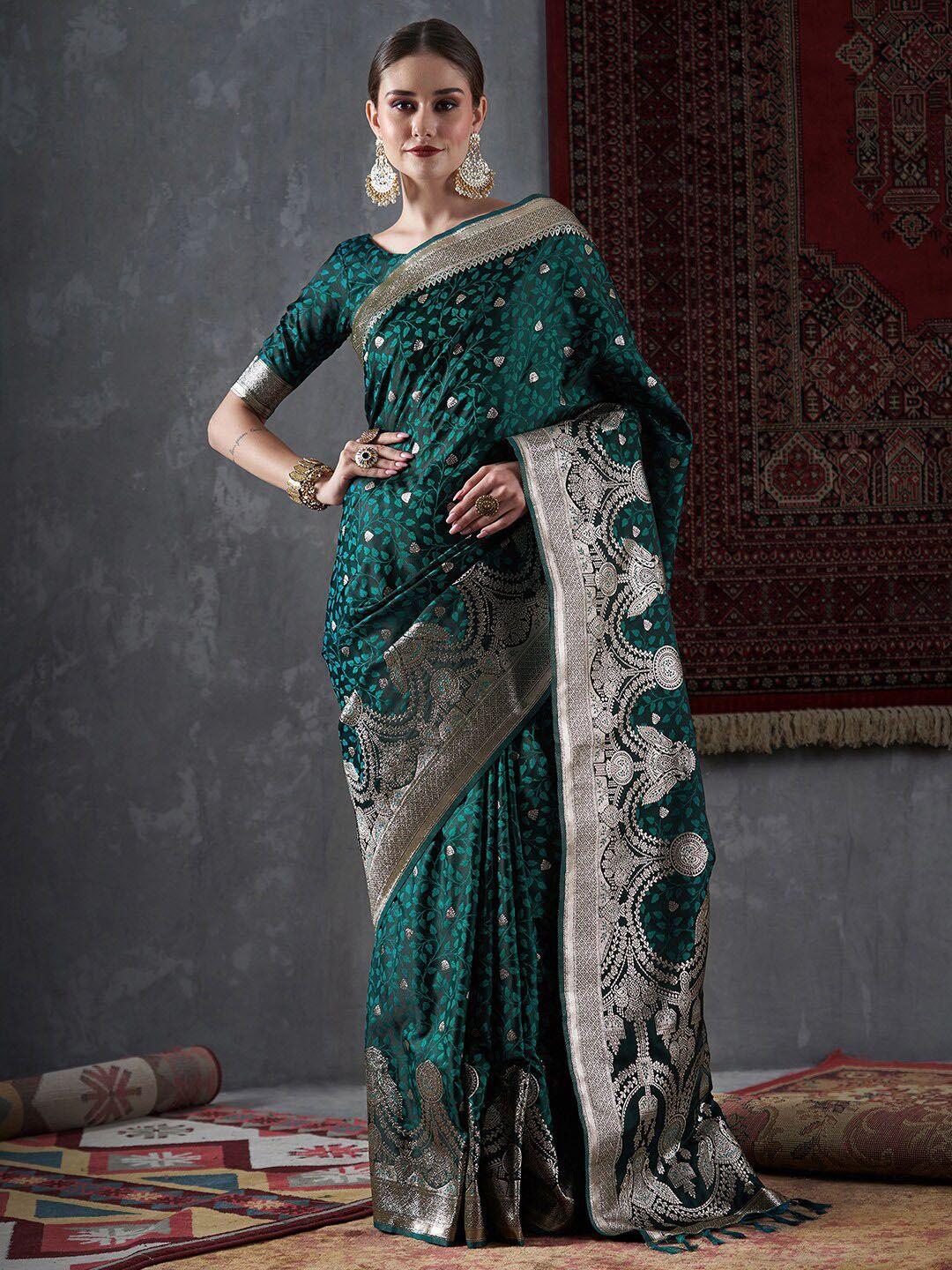 mitera green & gold-toned ethnic motifs woven design zari satin silk banarasi saree