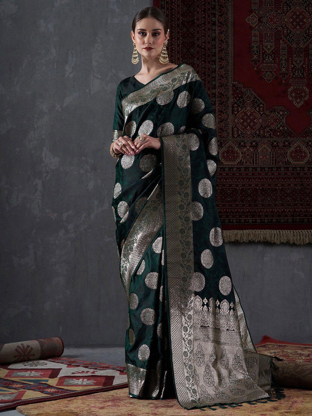 mitera green & gold-toned ethnic motifs woven design zari satin silk banarasi saree