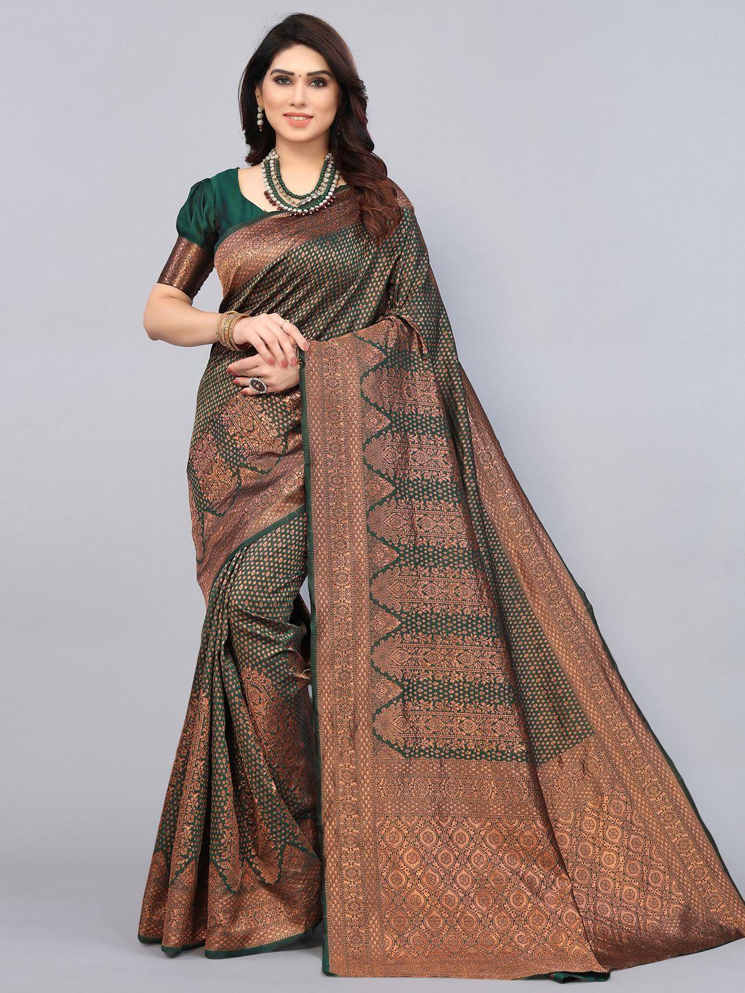 mitera green & gold-toned ethnic motifs zari banarasi saree