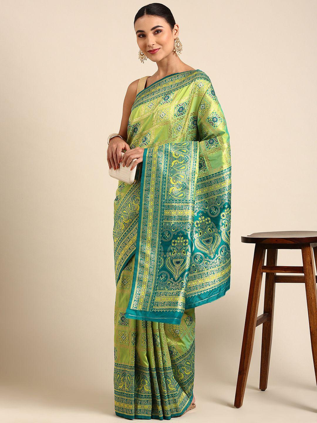 mitera green & gold-toned ethnic motifs zari silk blend banarasi patola saree