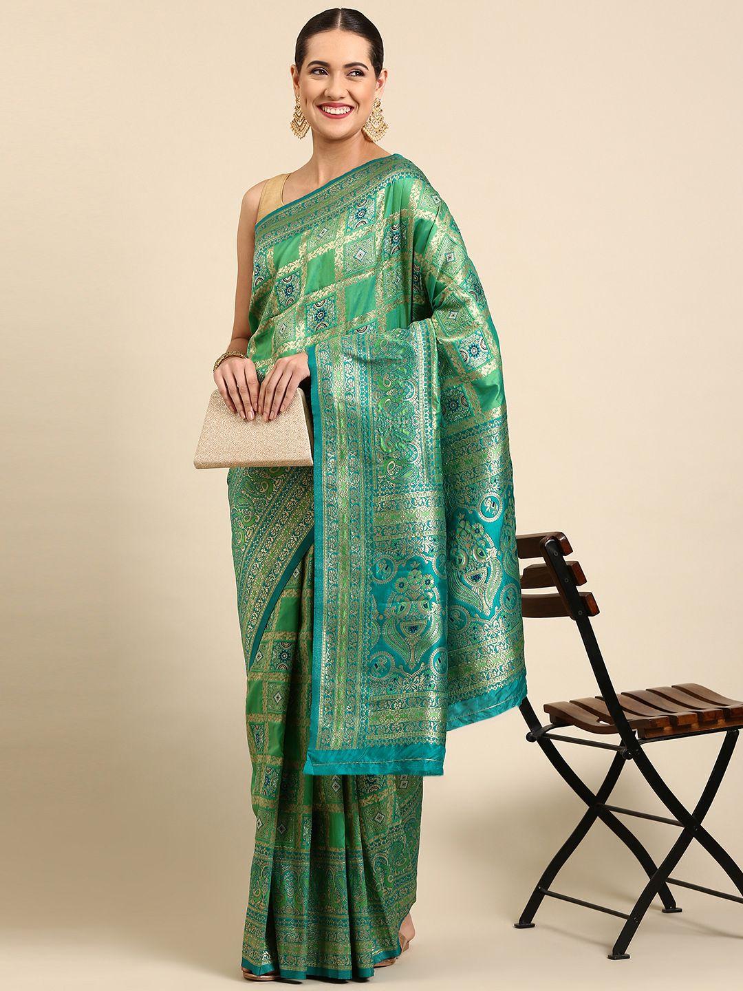 mitera green & gold-toned ethnic motifs zari silk blend banarasi patola saree