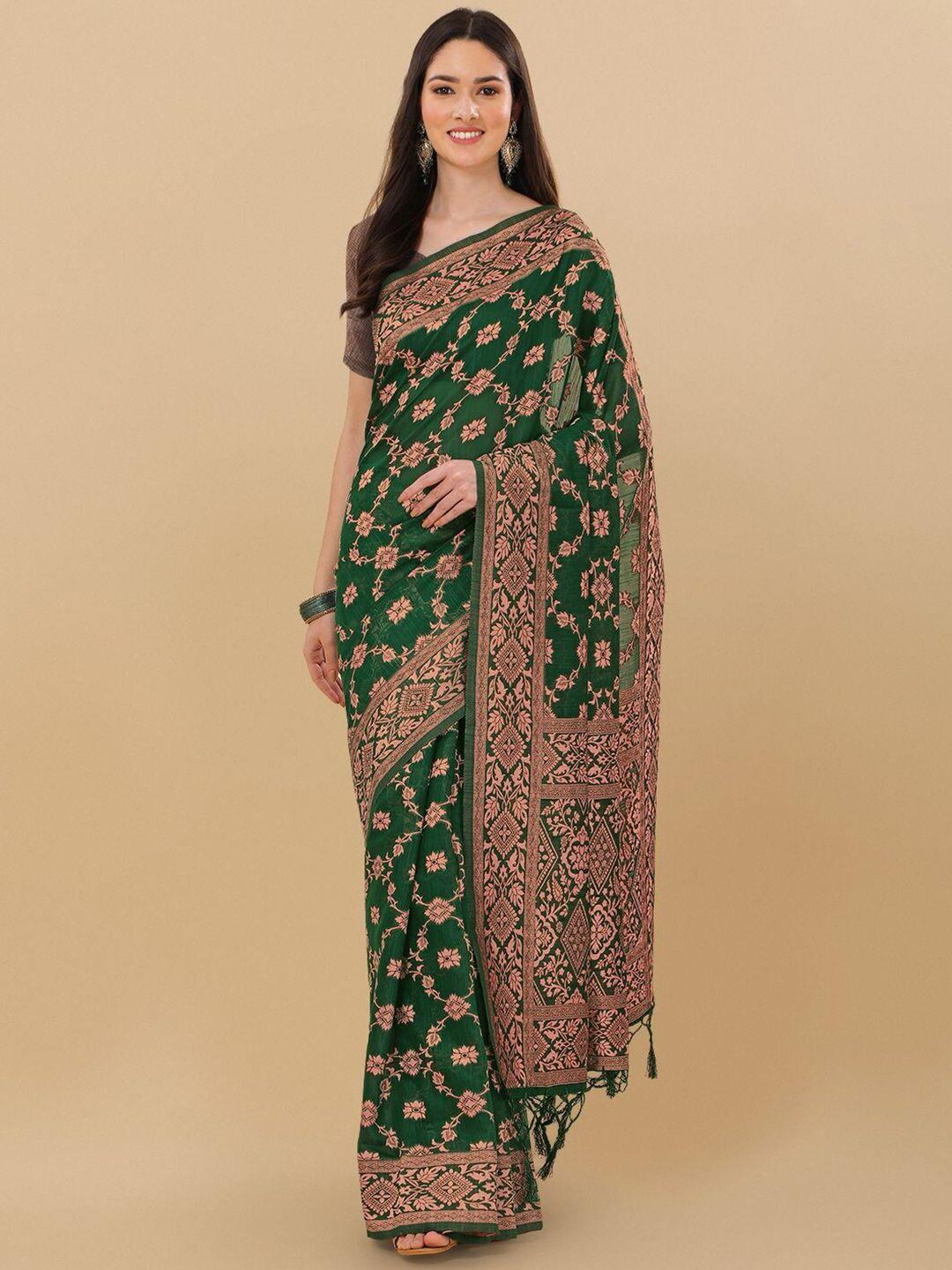 mitera green & gold-toned ethnic motifs zari silk cotton banarasi saree