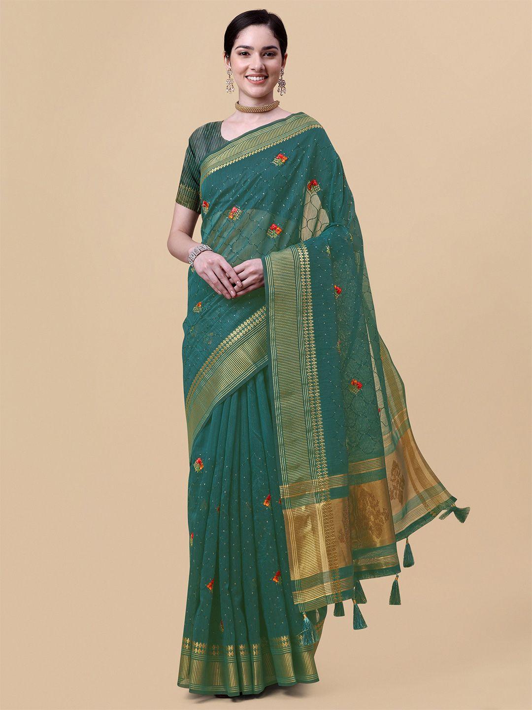 mitera green & gold-toned floral embroidered pure linen saree