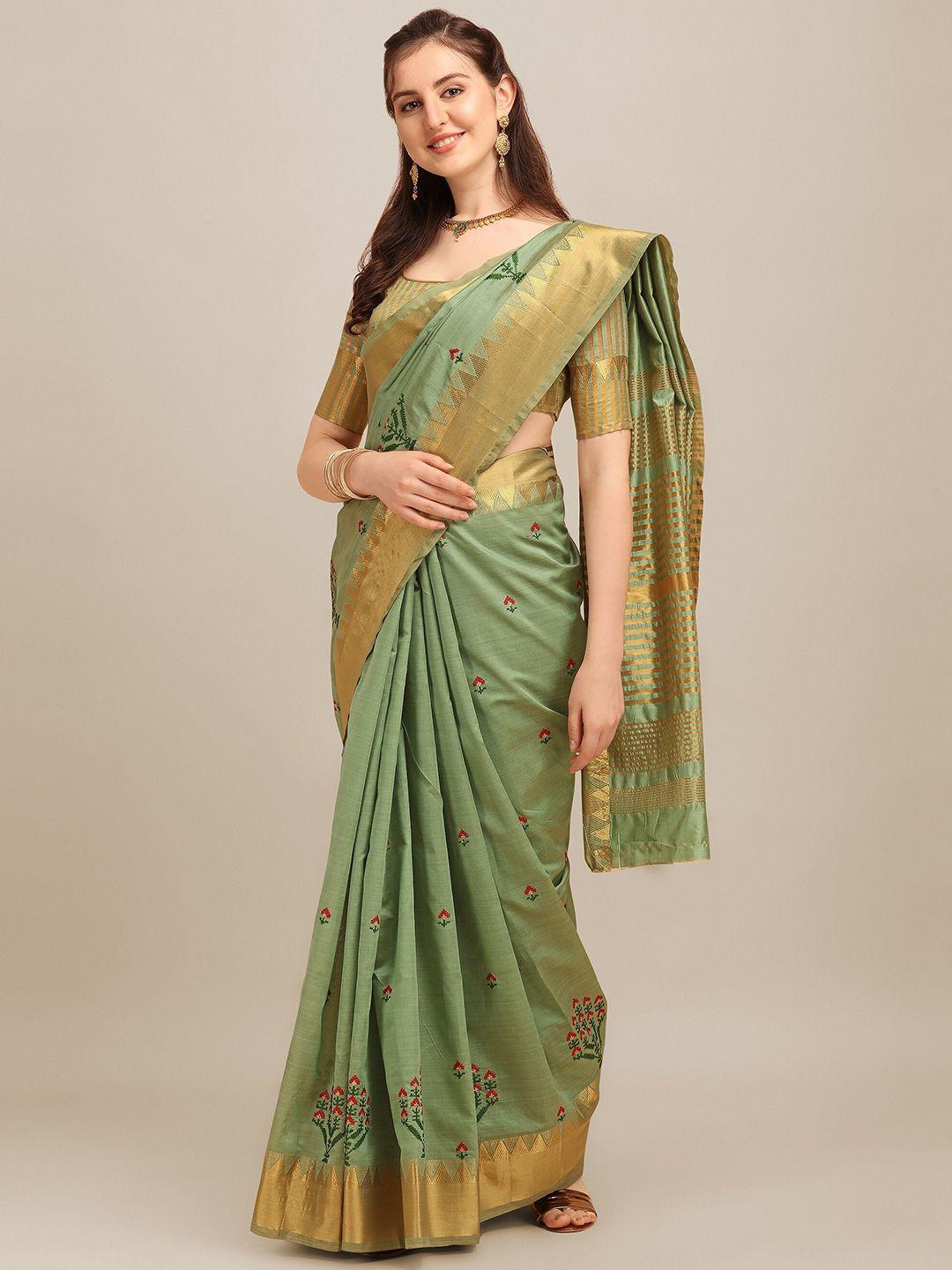 mitera green & gold-toned floral embroidered silk cotton banarasi saree