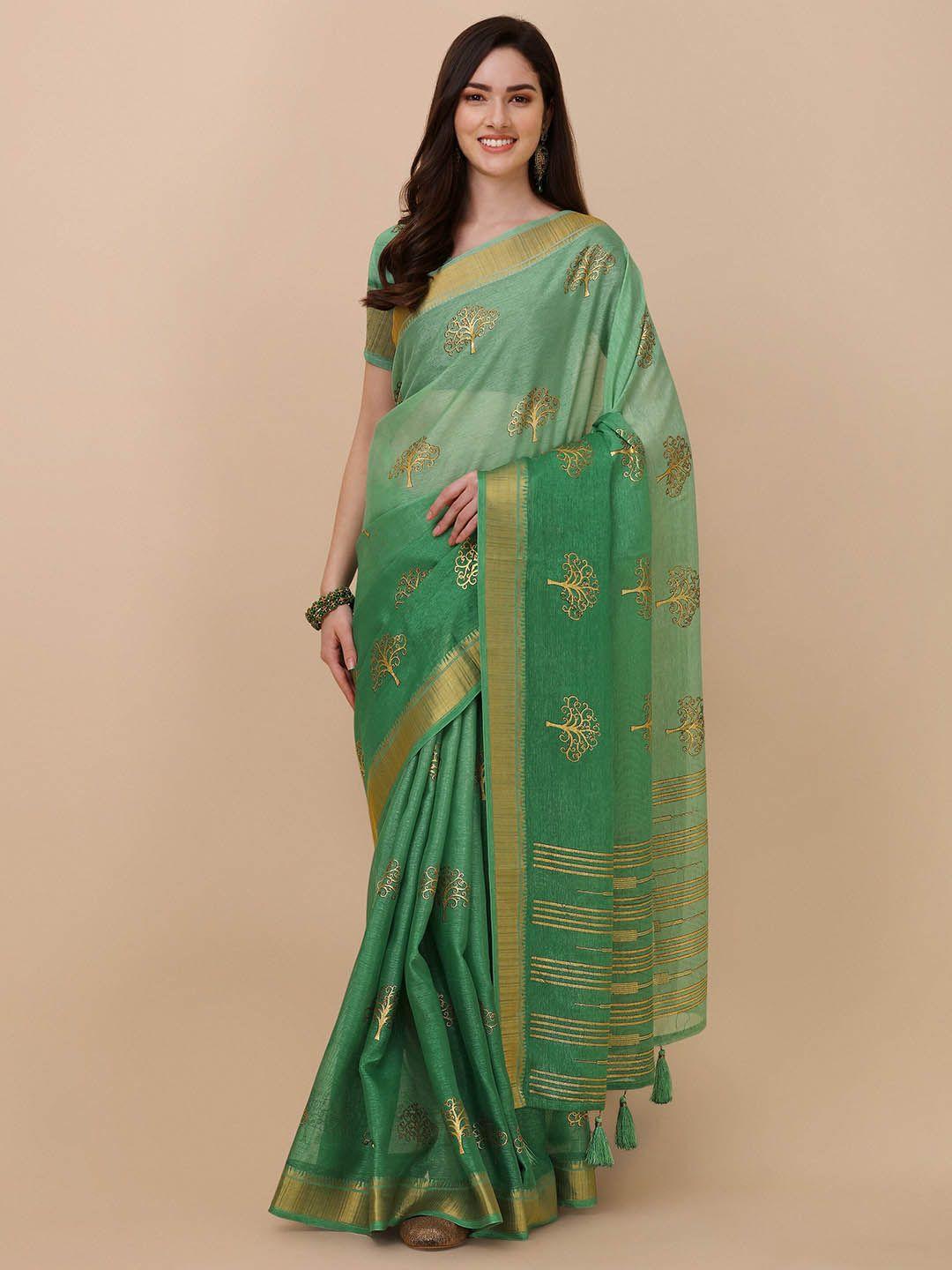 mitera green & gold-toned floral pure silk saree