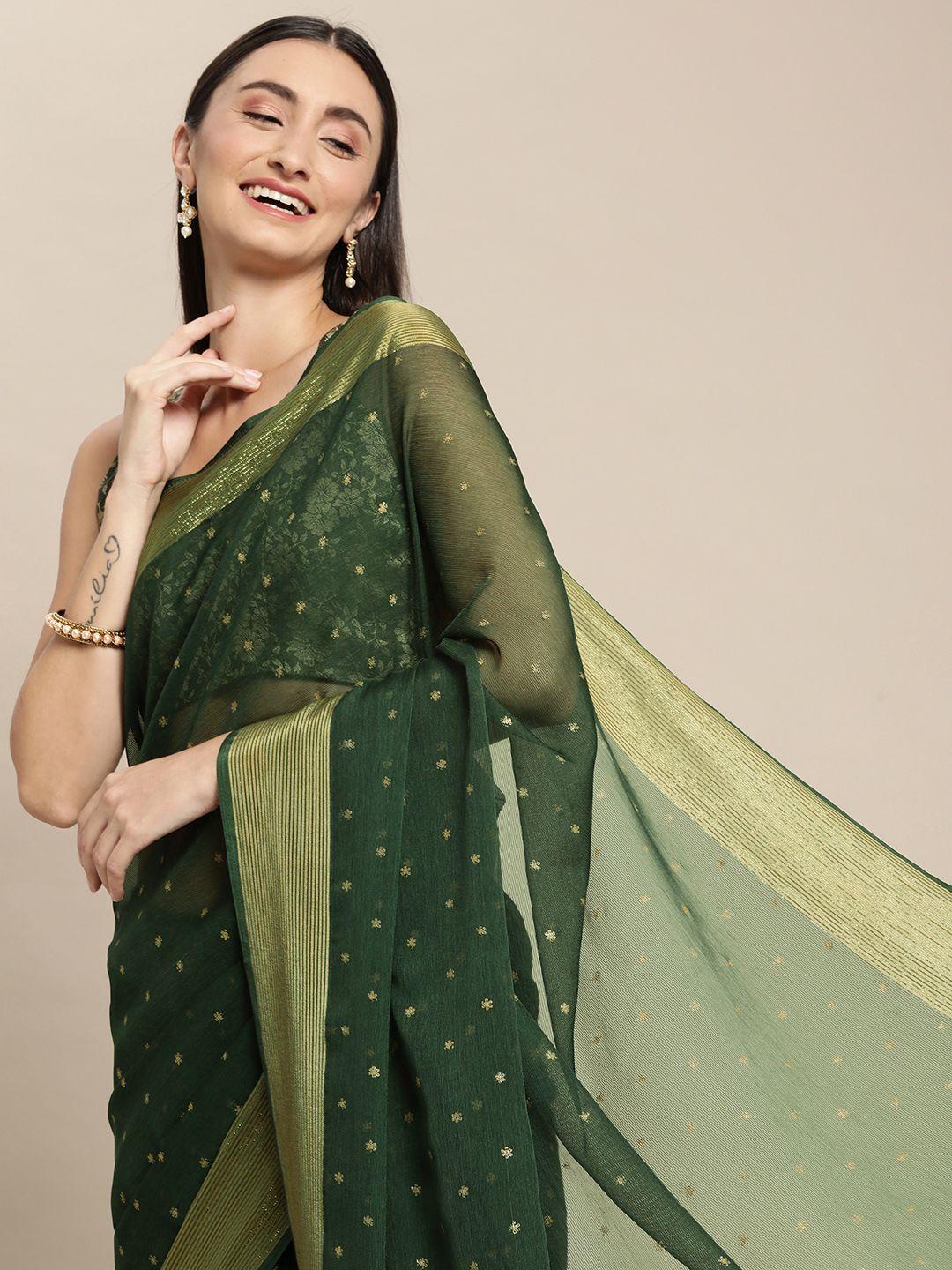 mitera green & gold-toned floral zari pure chiffon saree