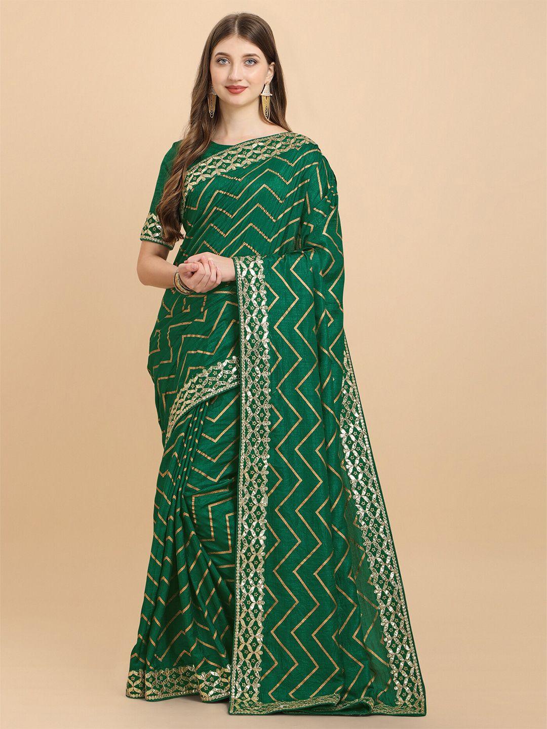 mitera green & gold-toned leheriya embroidered silk cotton leheriya saree