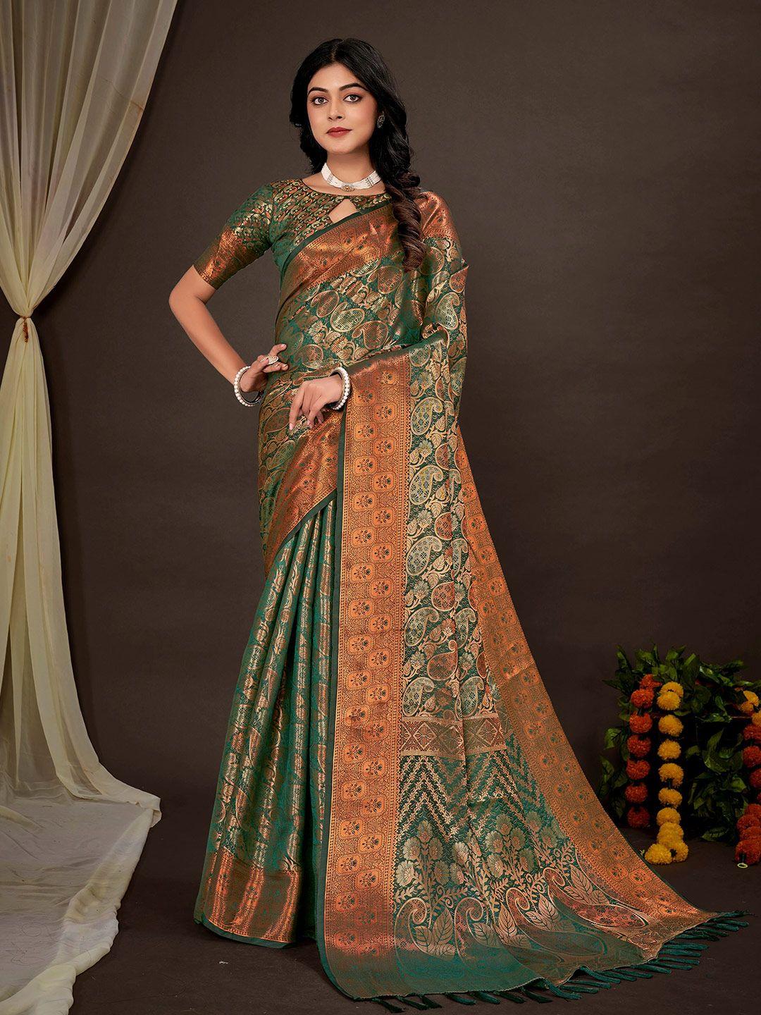 mitera green & gold-toned paisley woven design zari silk blend kanjeevaram saree