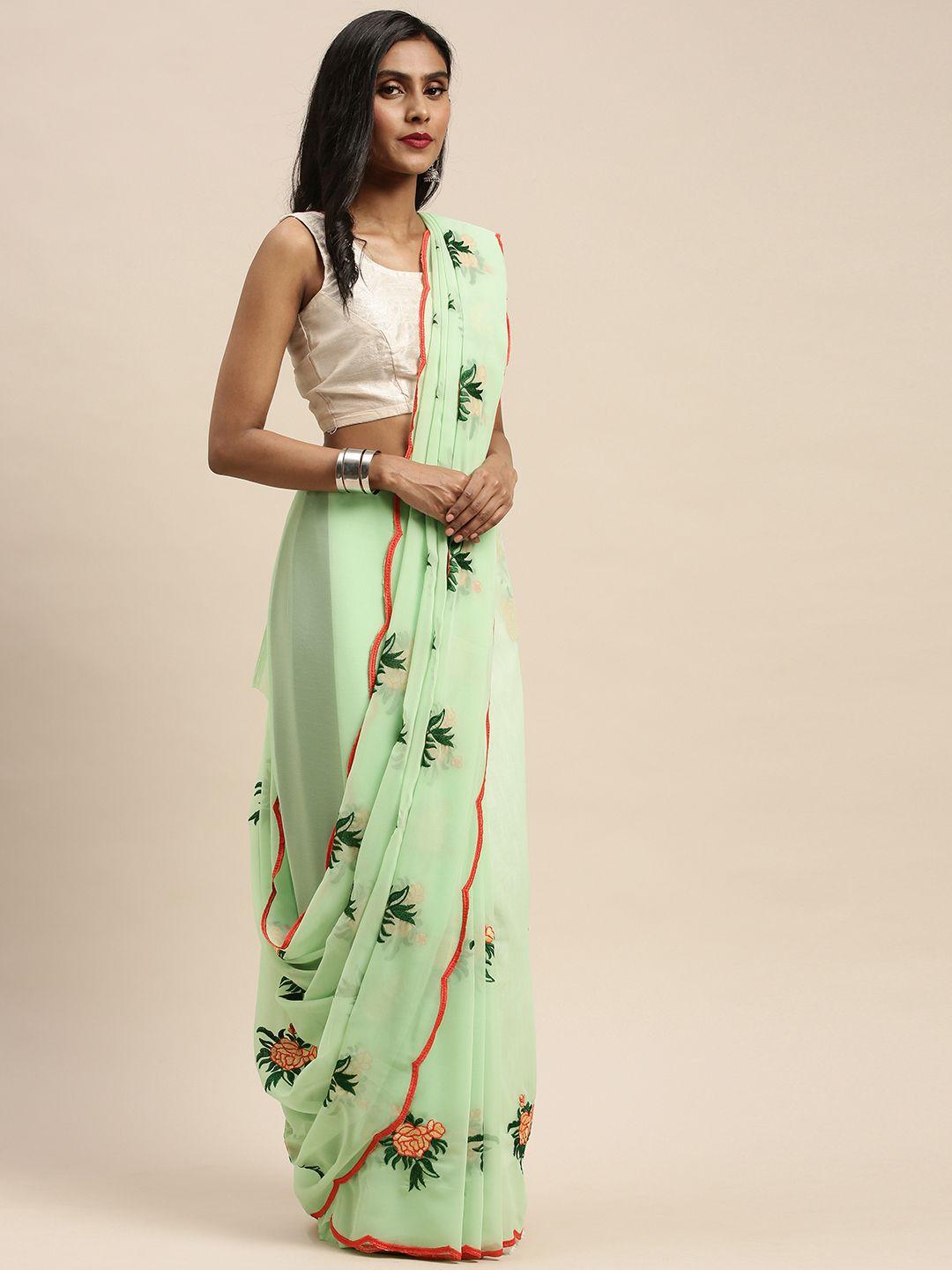 mitera green & gold-toned pure georgette embroidered saree