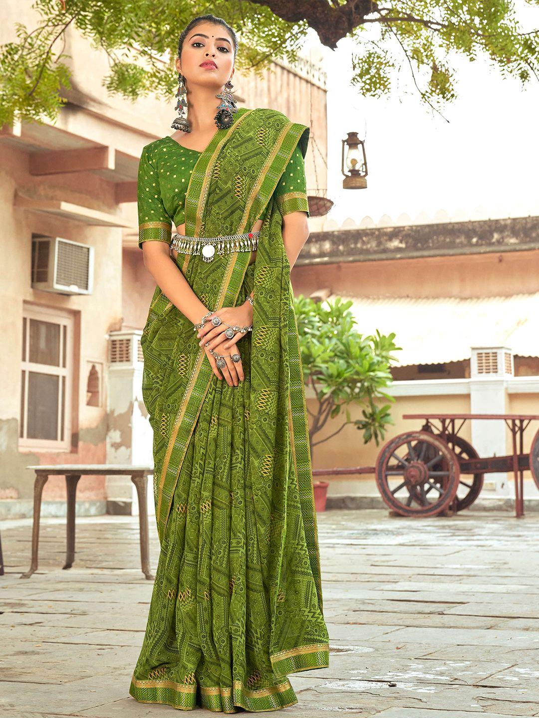 mitera green & gold-toned pure georgette saree