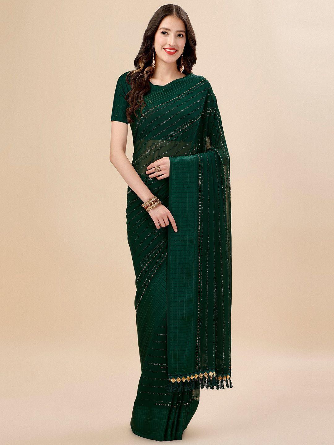 mitera green & gold toned striped stone work pure chiffon saree