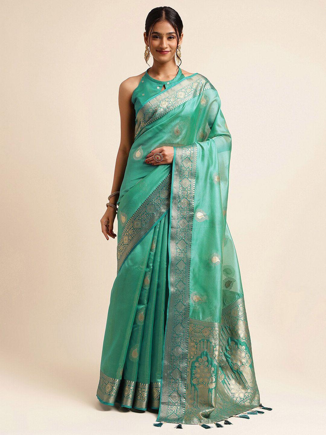 mitera green & gold-toned woven design jacquard banarasi saree