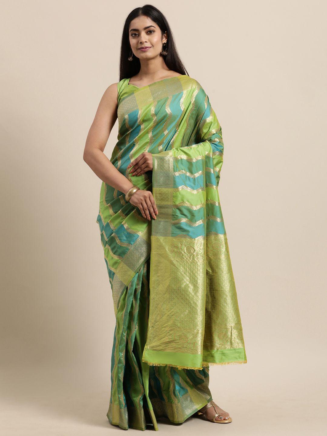 mitera green & gold-toned woven design poly silk banarasi saree