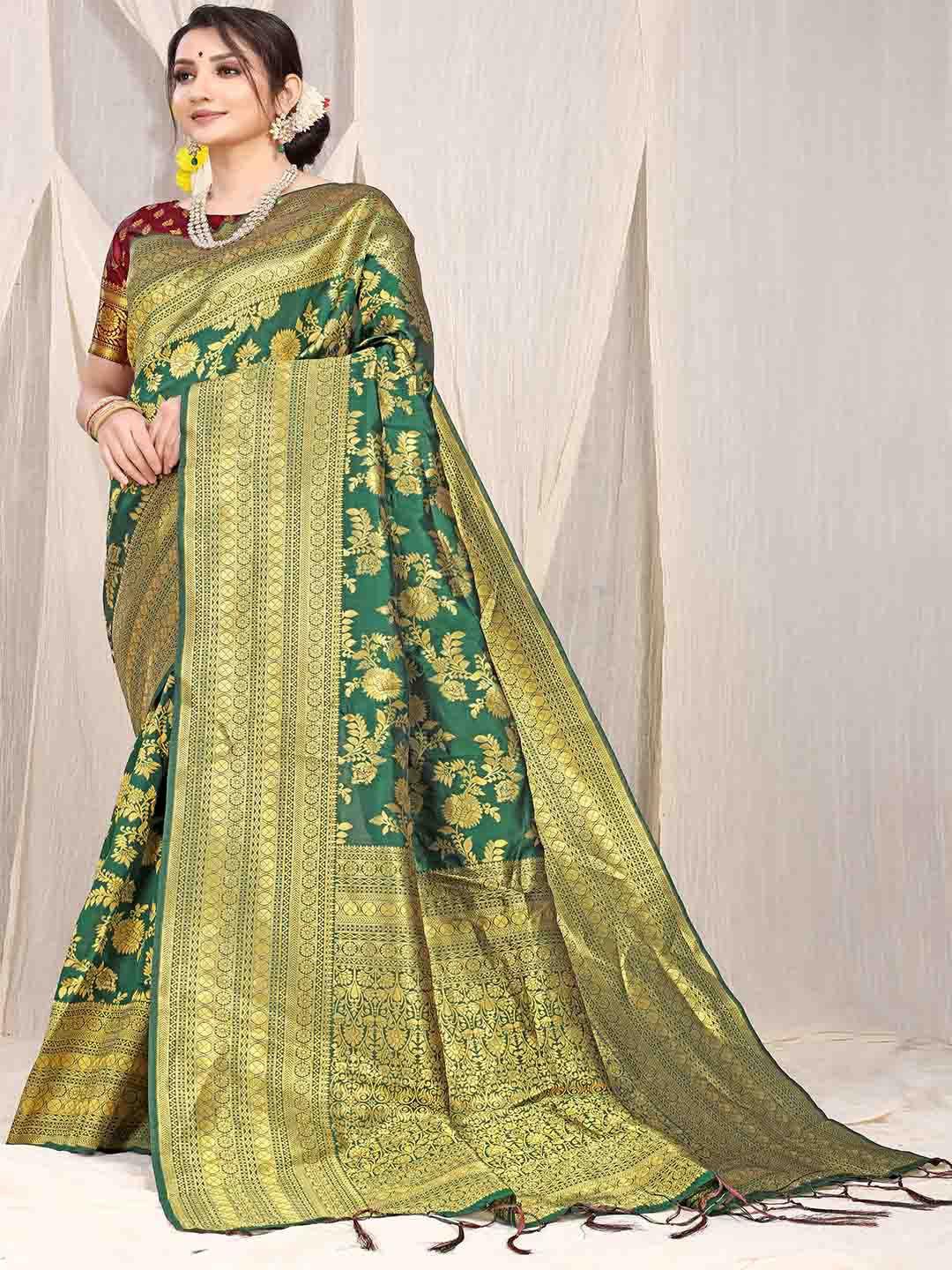 mitera green & gold-toned woven design zari art silk saree