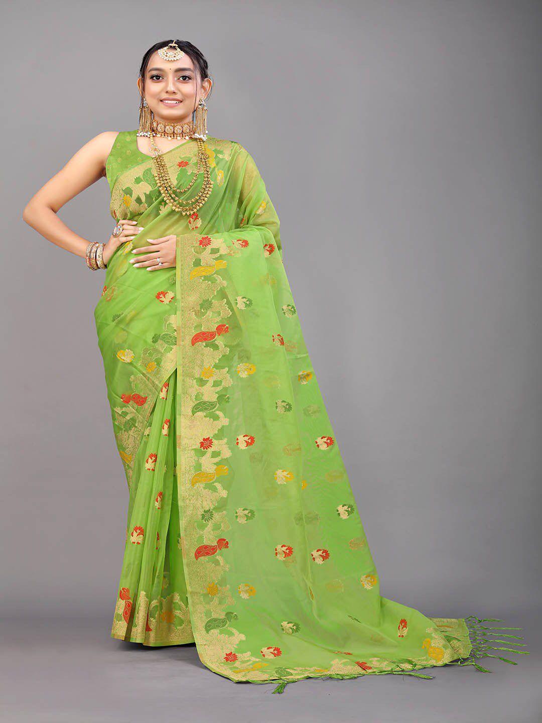 mitera green & gold-toned woven design zari art silk saree