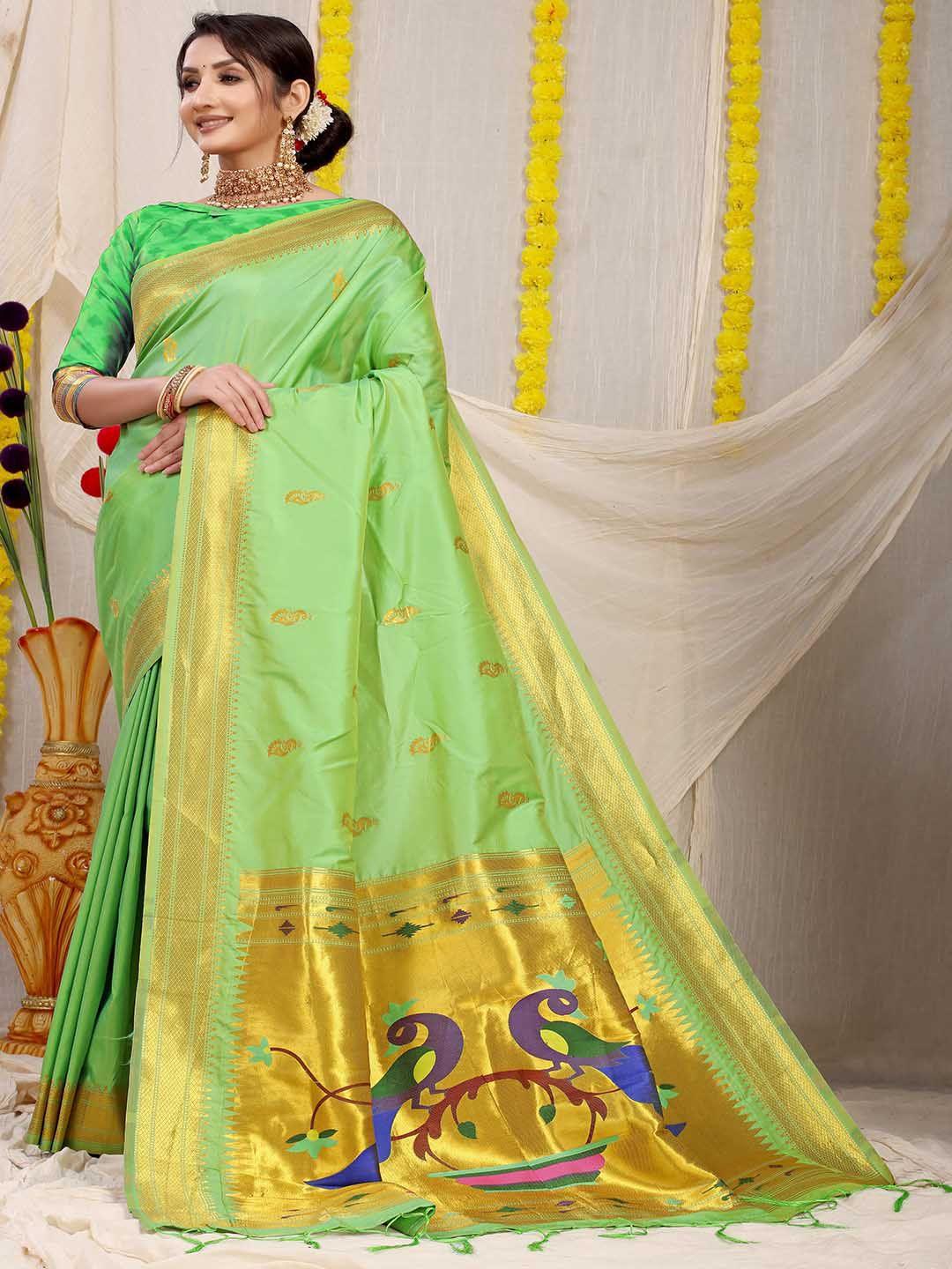 mitera green & gold-toned woven design zari art silk saree