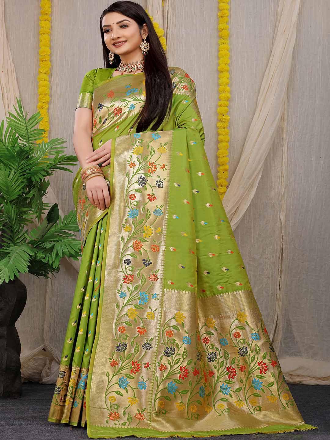 mitera green & gold-toned woven design zari art silk saree