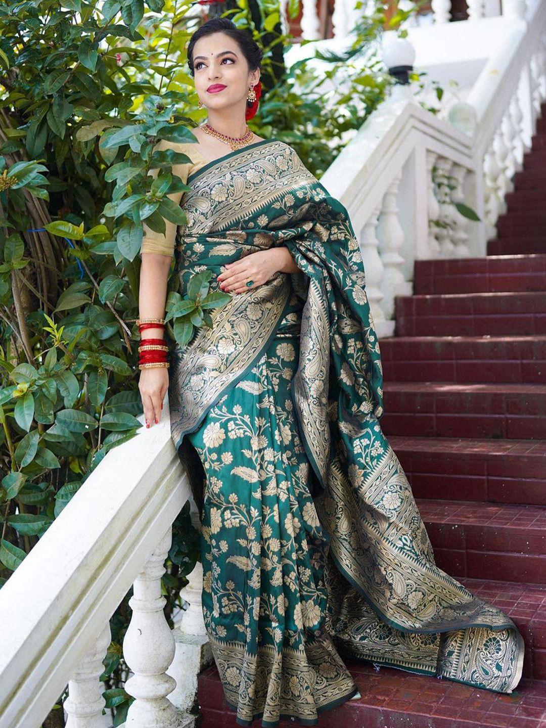 mitera green & gold toned woven design zari art silk saree