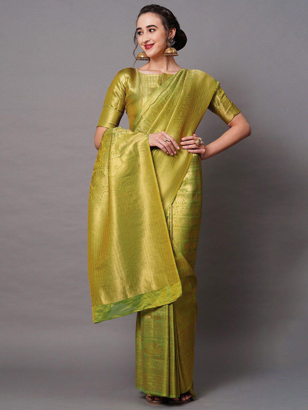 mitera green & gold-toned woven design zari silk blend banarasi saree