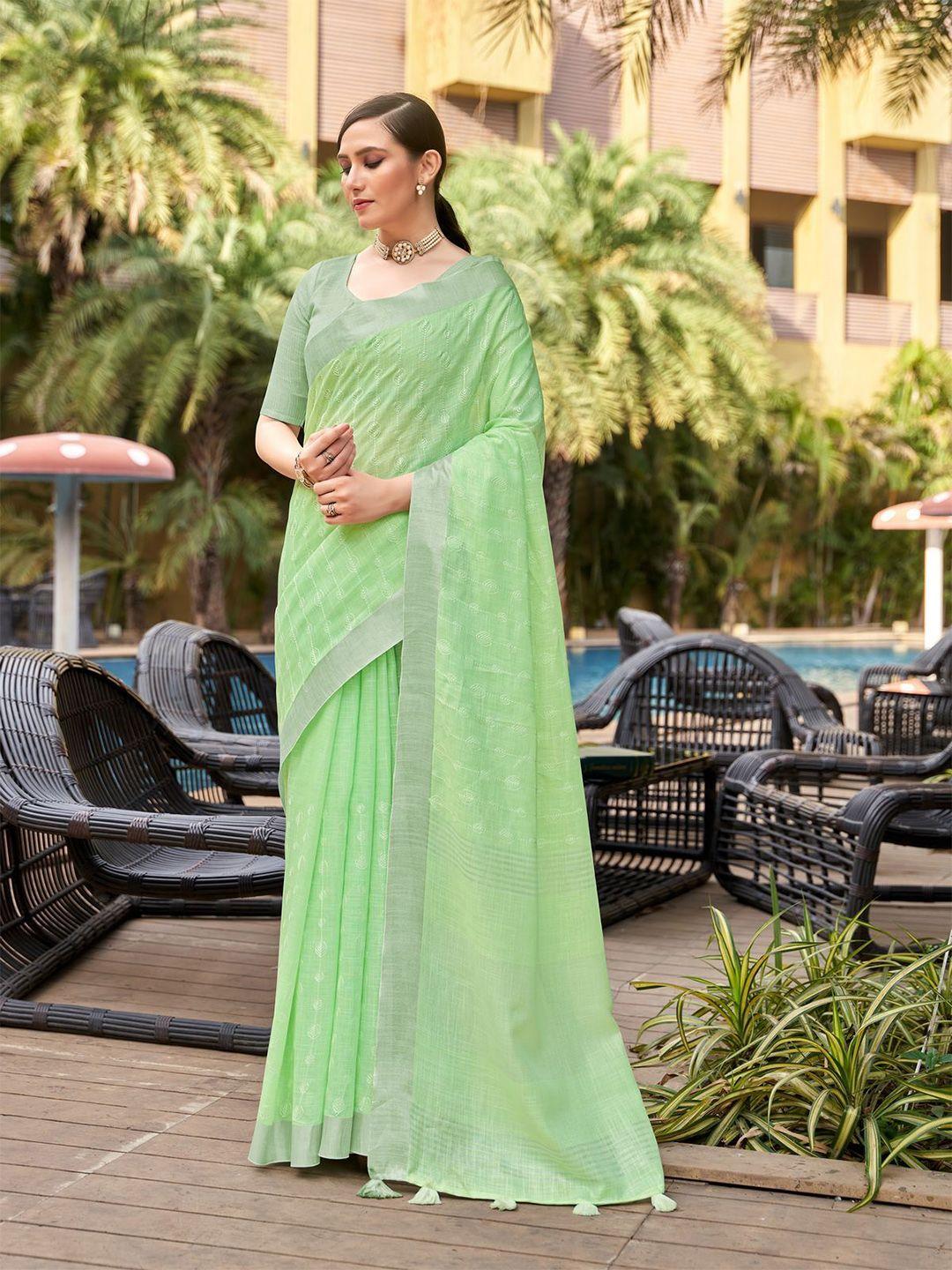 mitera green & grey floral embroidered pure linen banarasi saree