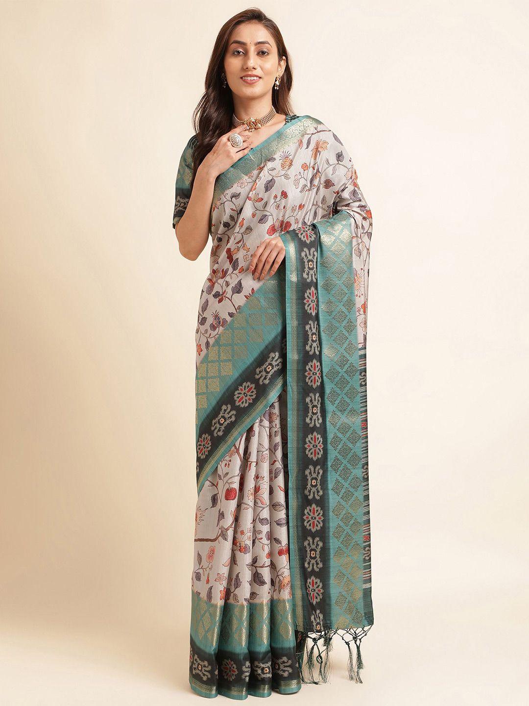 mitera green & grey floral printed zari pure silk saree