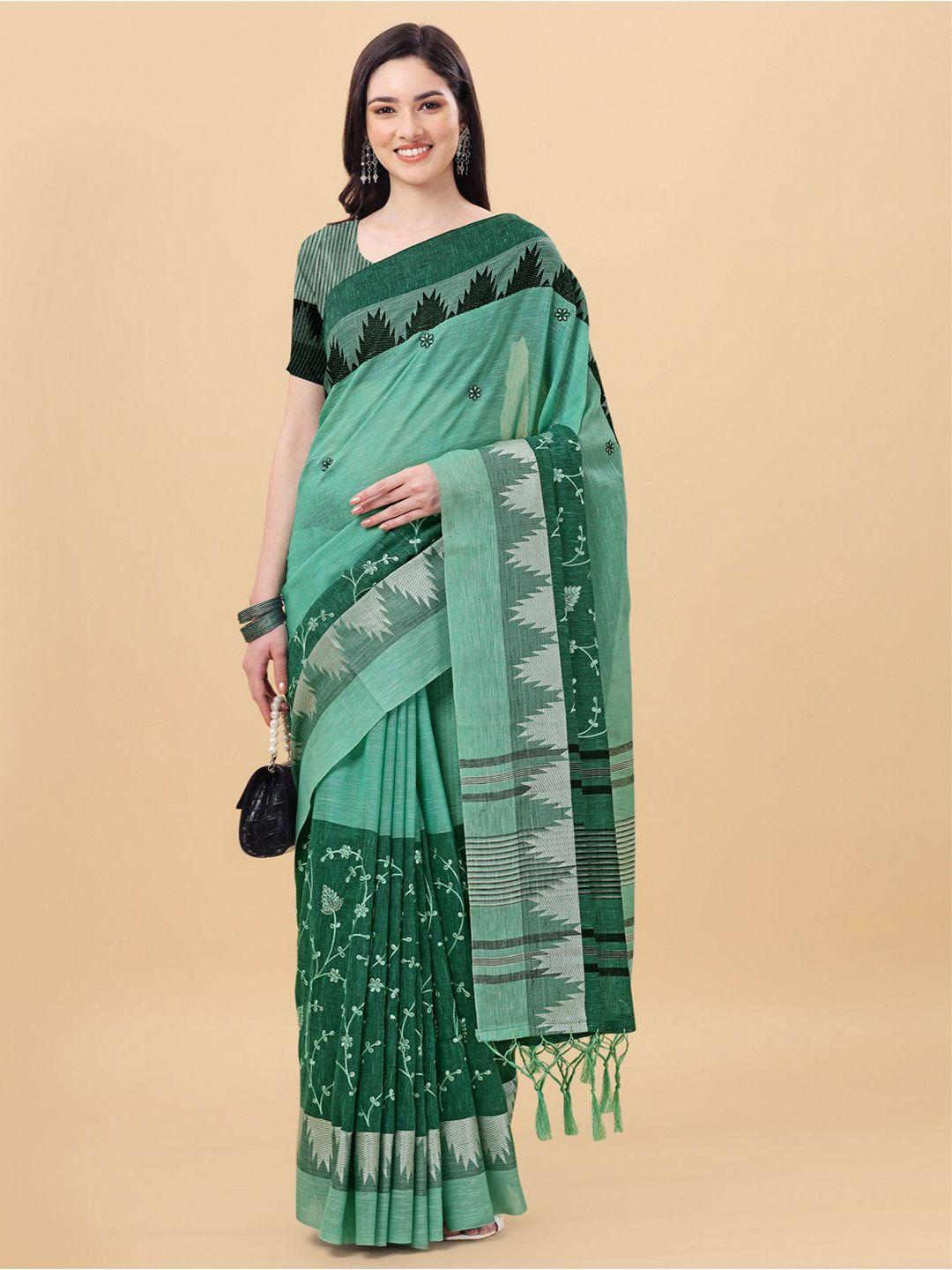 mitera green & grey floral pure linen banarasi saree