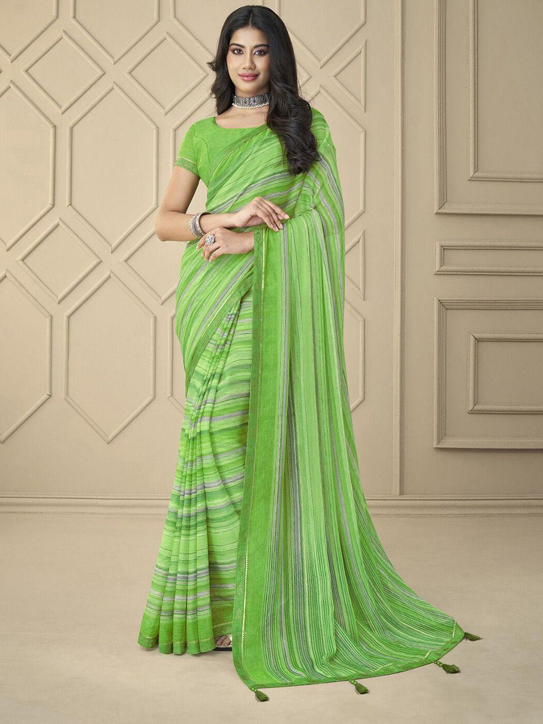 mitera green & grey striped beads and stones poly chiffon saree