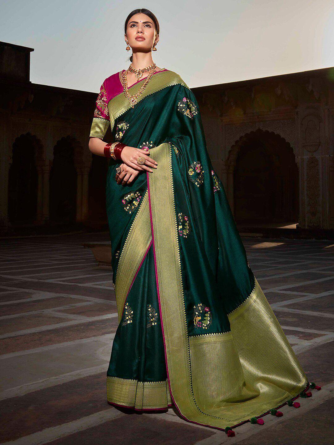 mitera green & magenta ethnic motifs zari pure silk saree