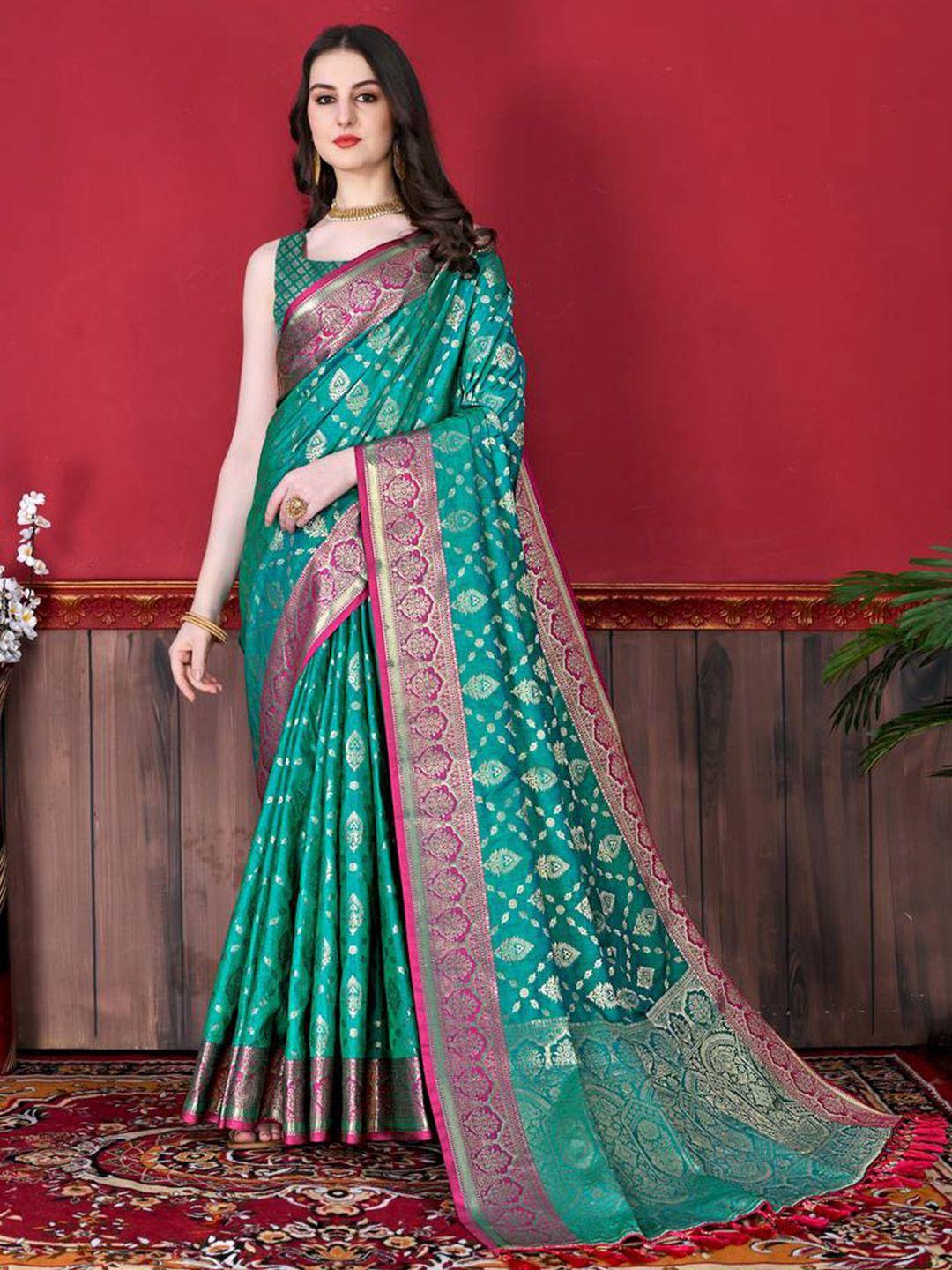 mitera green & magenta woven design zari silk blend banarasi saree