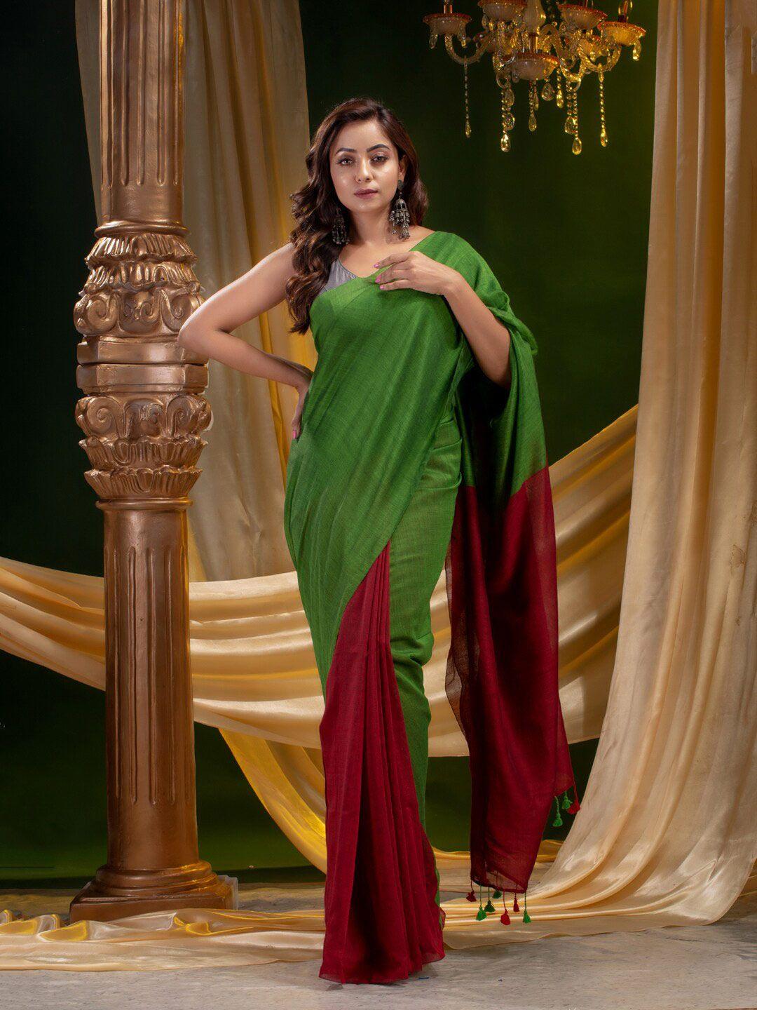 mitera green & maroon colourblocked pure cotton saree