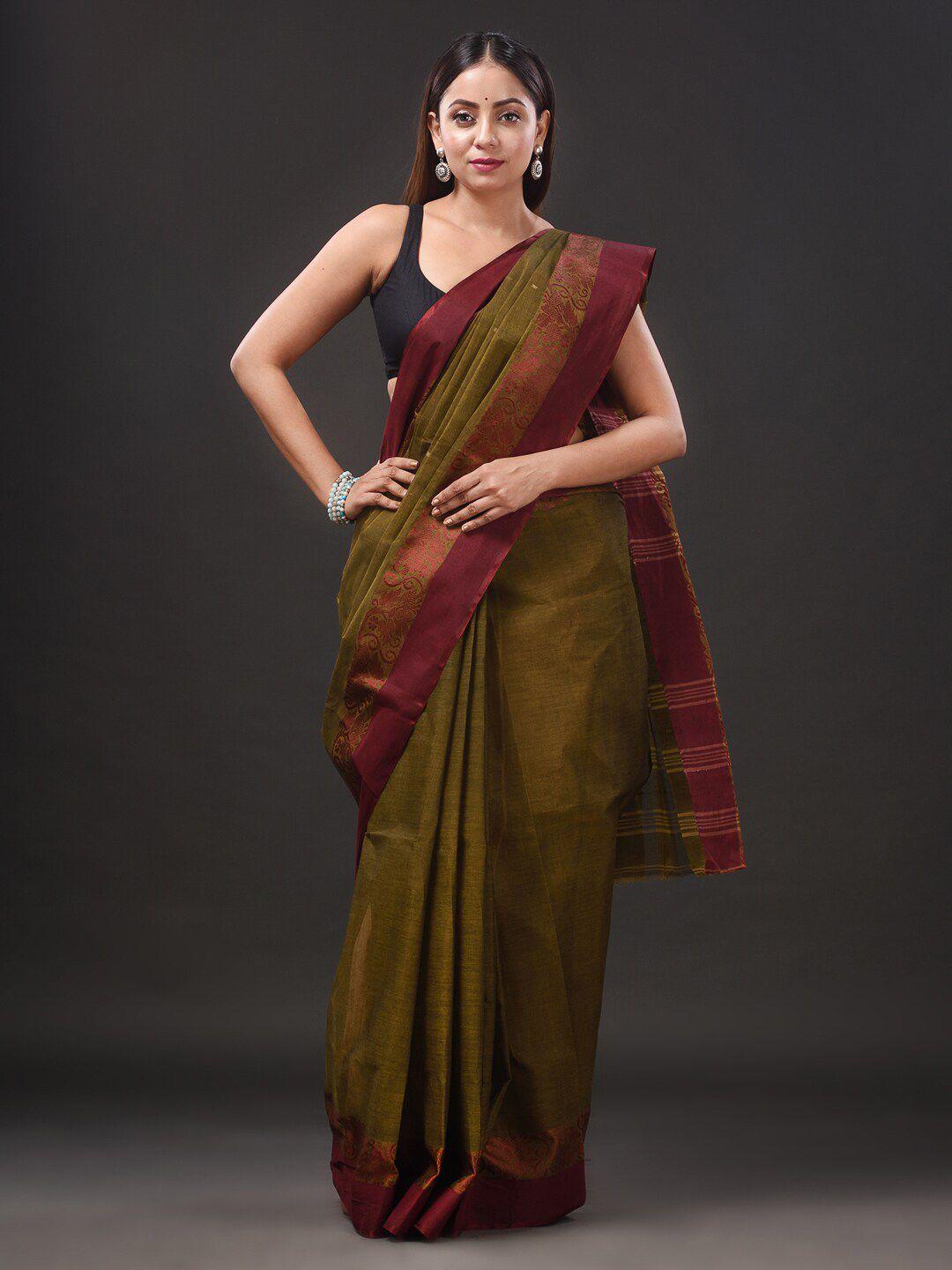 mitera green & maroon pure cotton taant saree