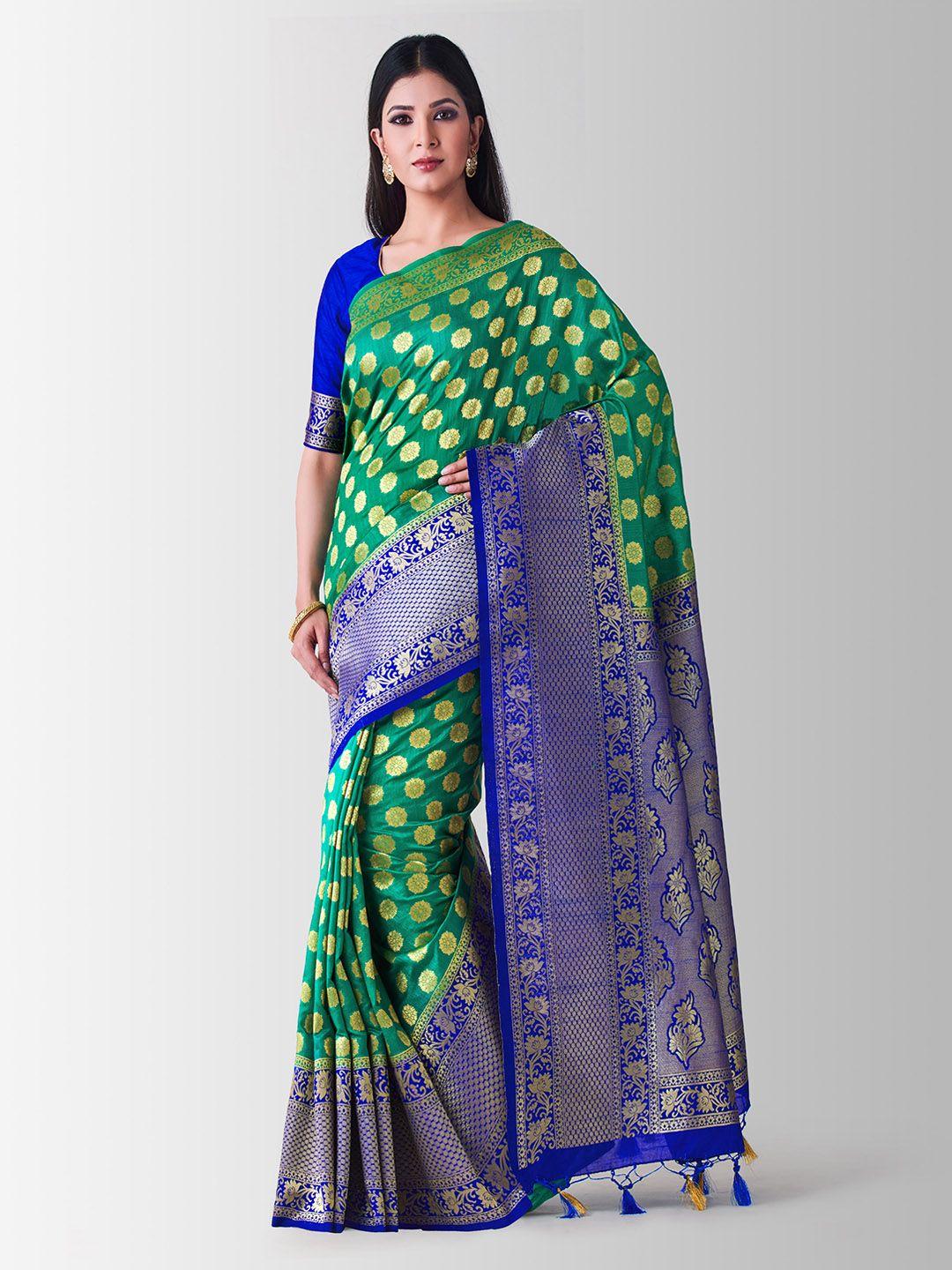 mitera green & navy blue embellished kanjeevaram saree