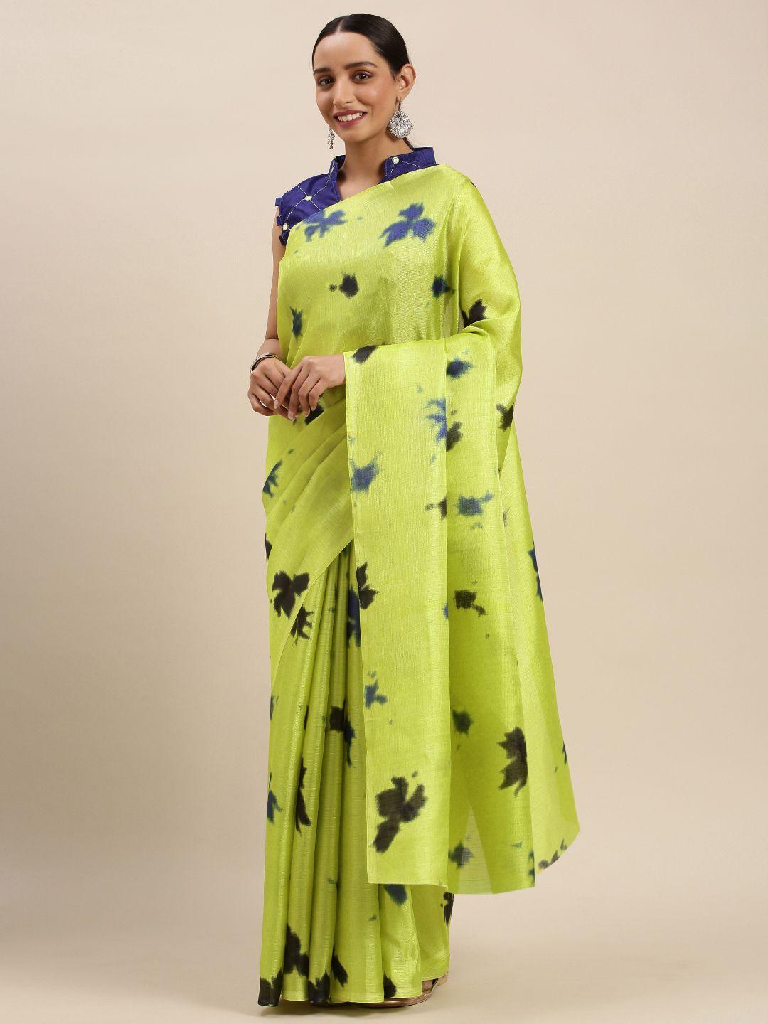mitera green & navy blue printed art silk saree