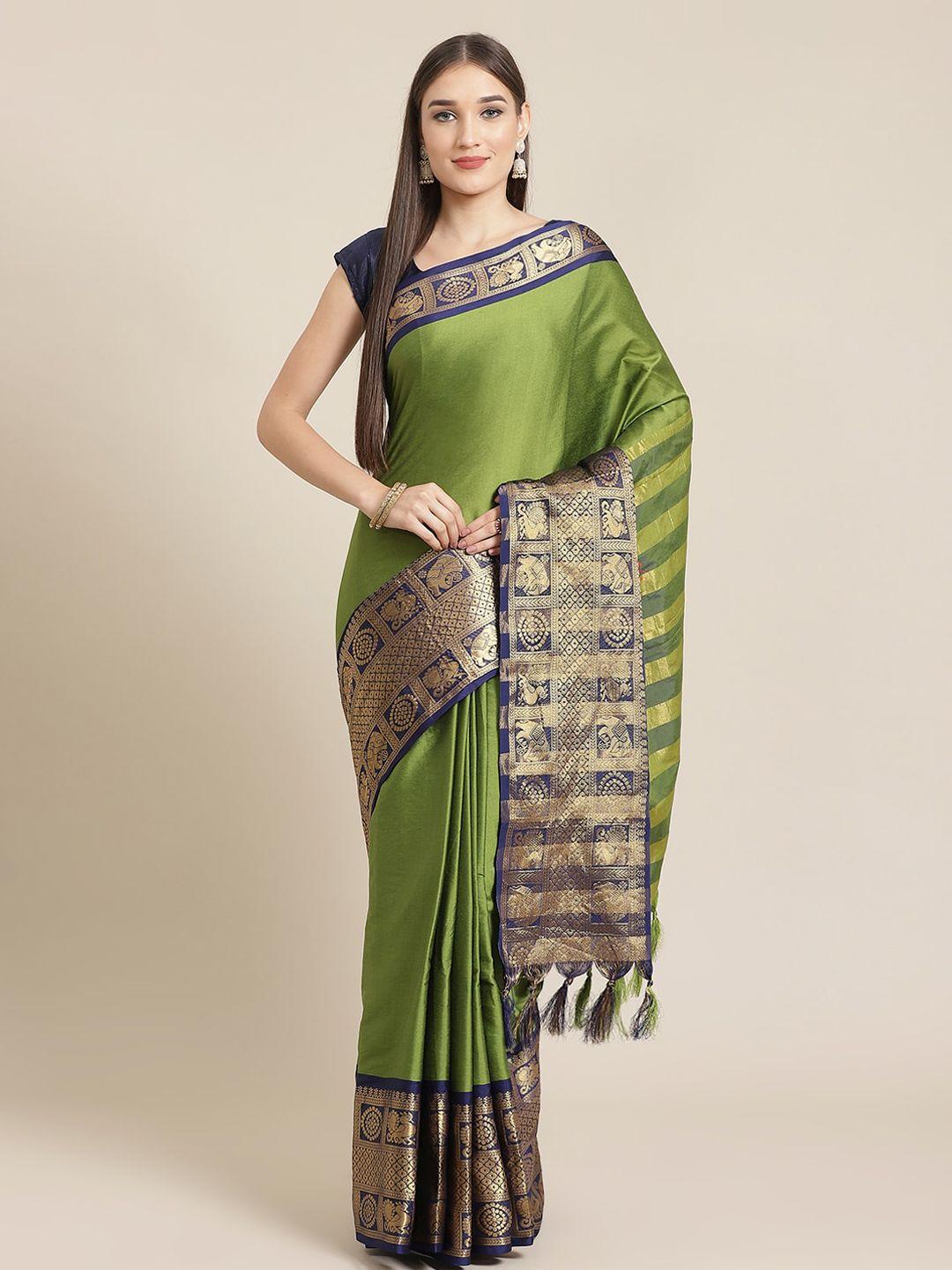 mitera green & navy blue pure silk solid banarasi saree