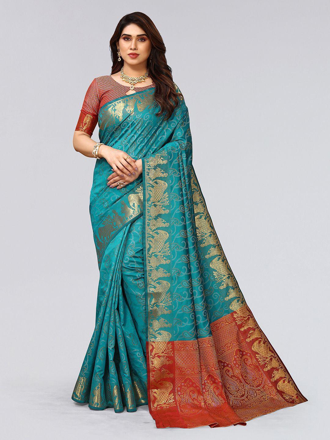 mitera green & orange bandhani printed  zari saree