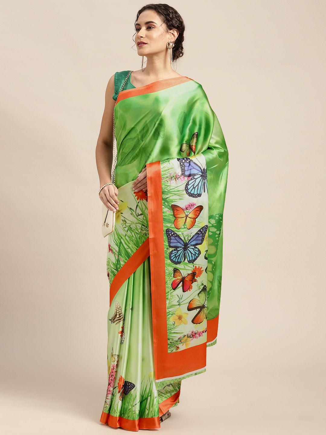 mitera green & orange floral print satin celebrity saree