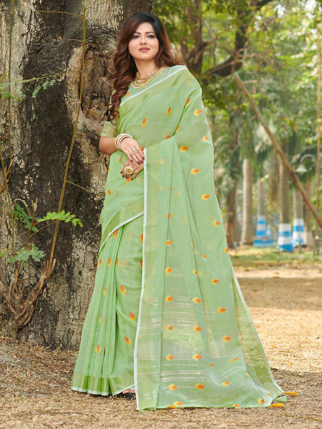 mitera green & orange floral zari linen blend saree