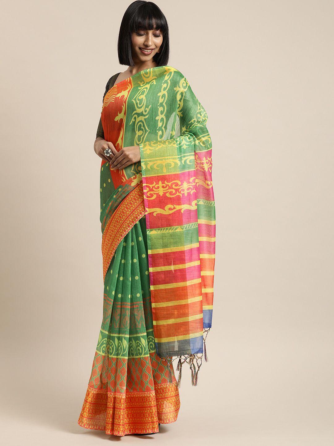 mitera green & orange linen blend printed pochampally saree