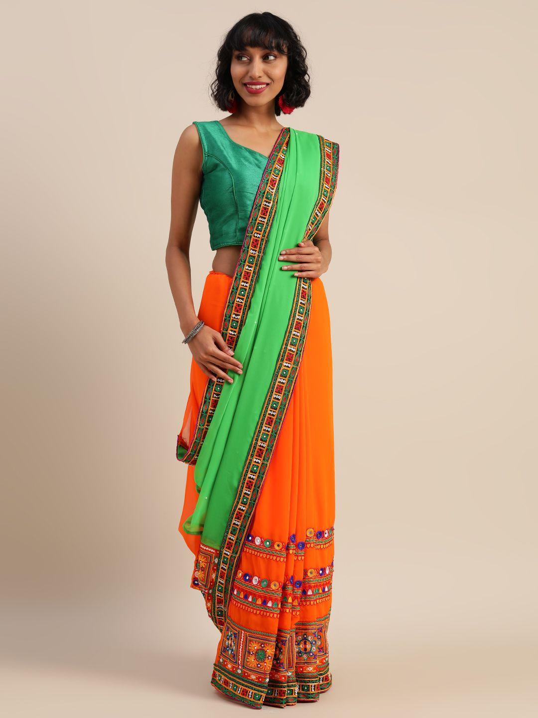 mitera green & orange pure georgette solid saree