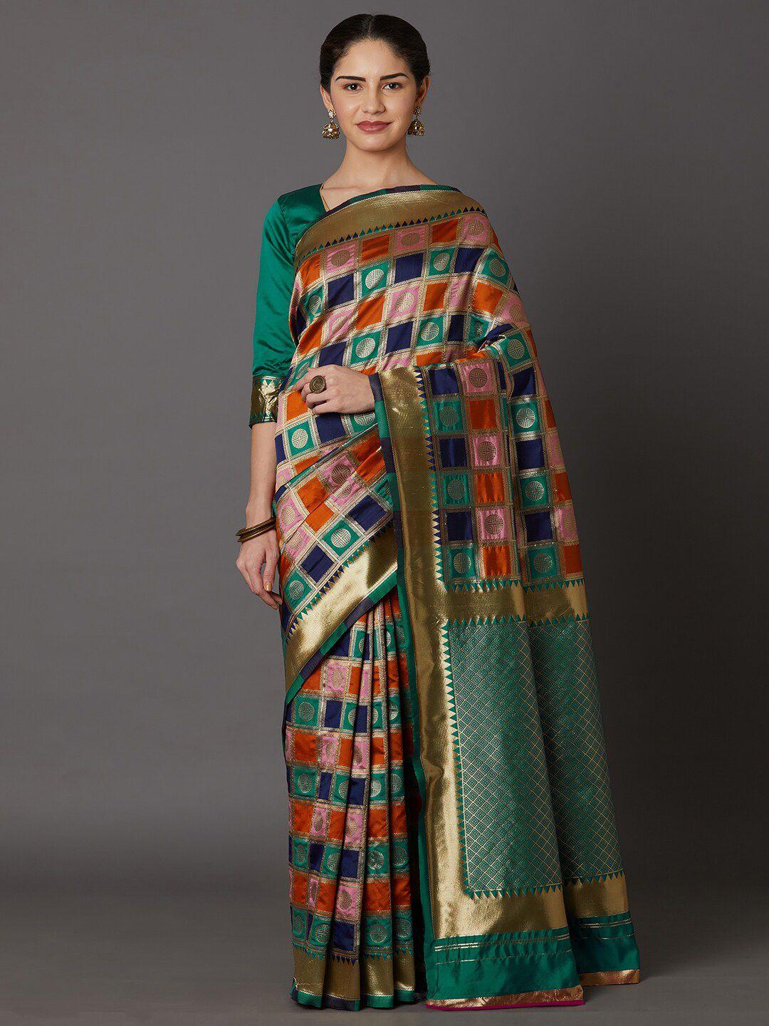 mitera green & orange woven design zari silk blend kanjeevaram saree