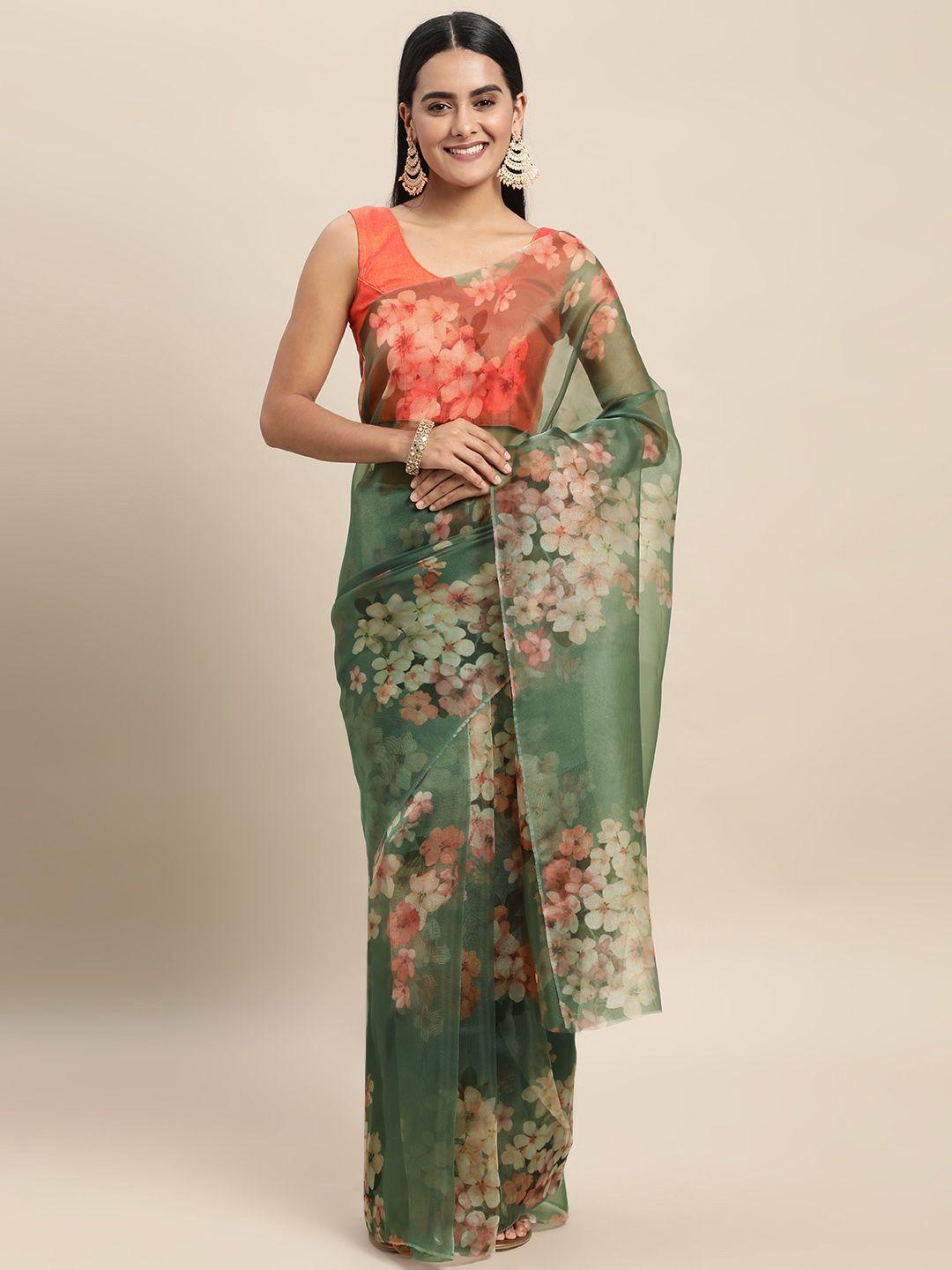 mitera green & peach-coloured floral organza saree