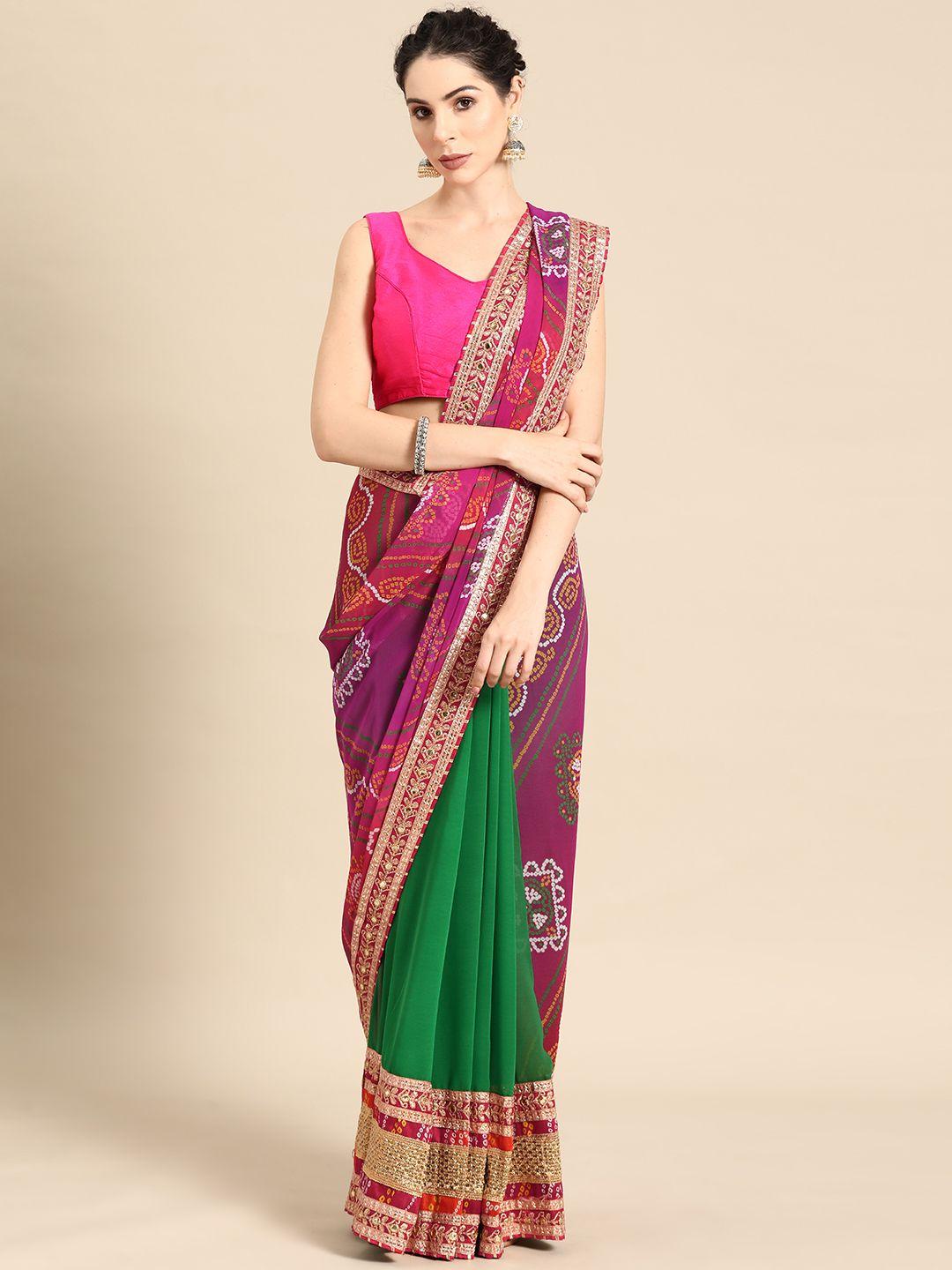 mitera green & pink bandhani embroidered poly georgette designer bandhani saree