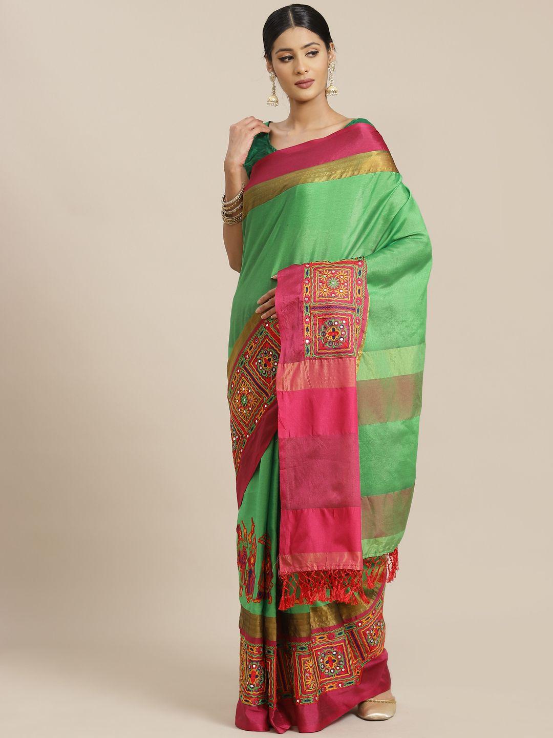 mitera green & pink ethnic motifs embroidered mirror work saree