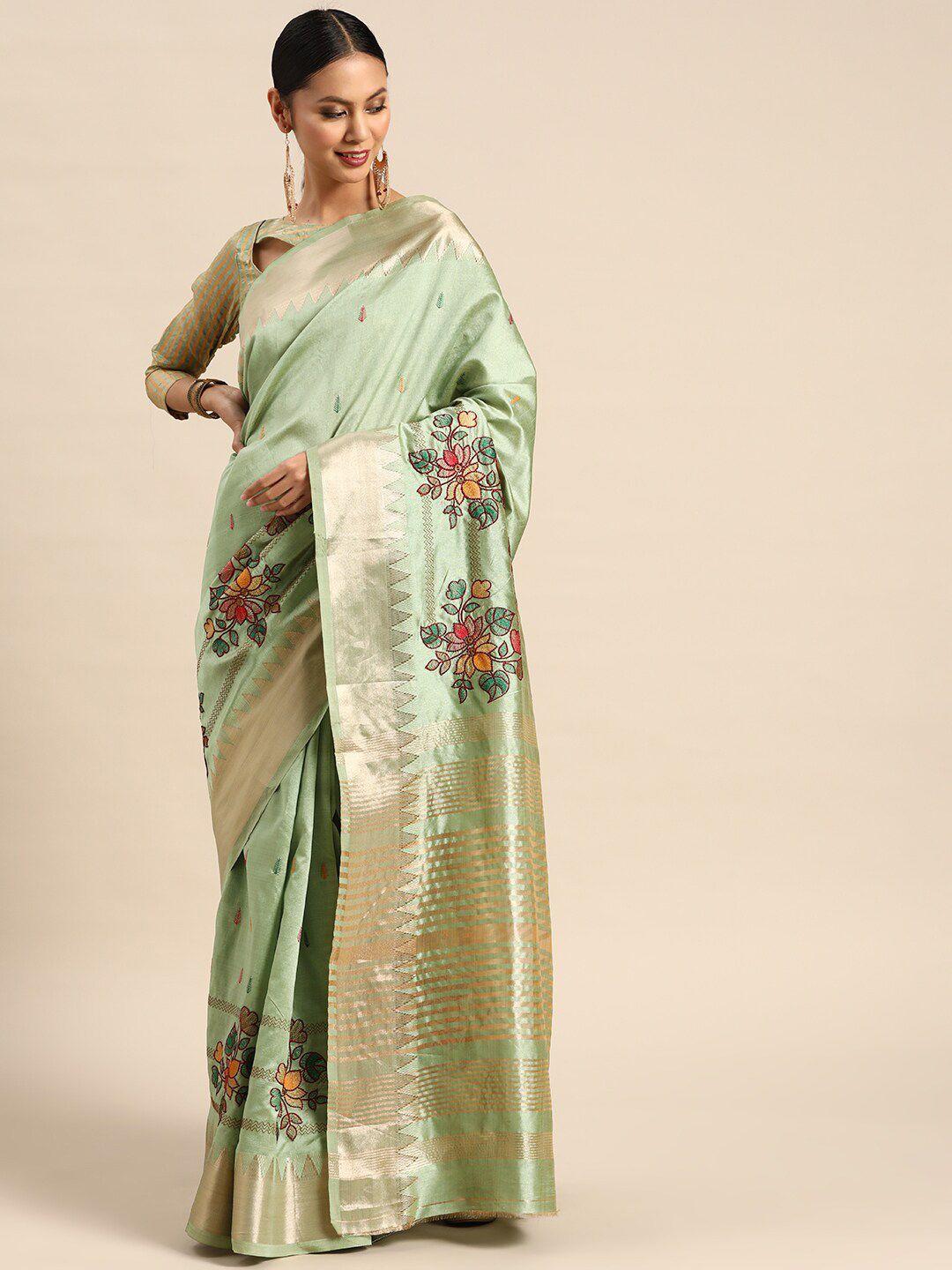 mitera green & pink ethnic motifs embroidered silk cotton saree