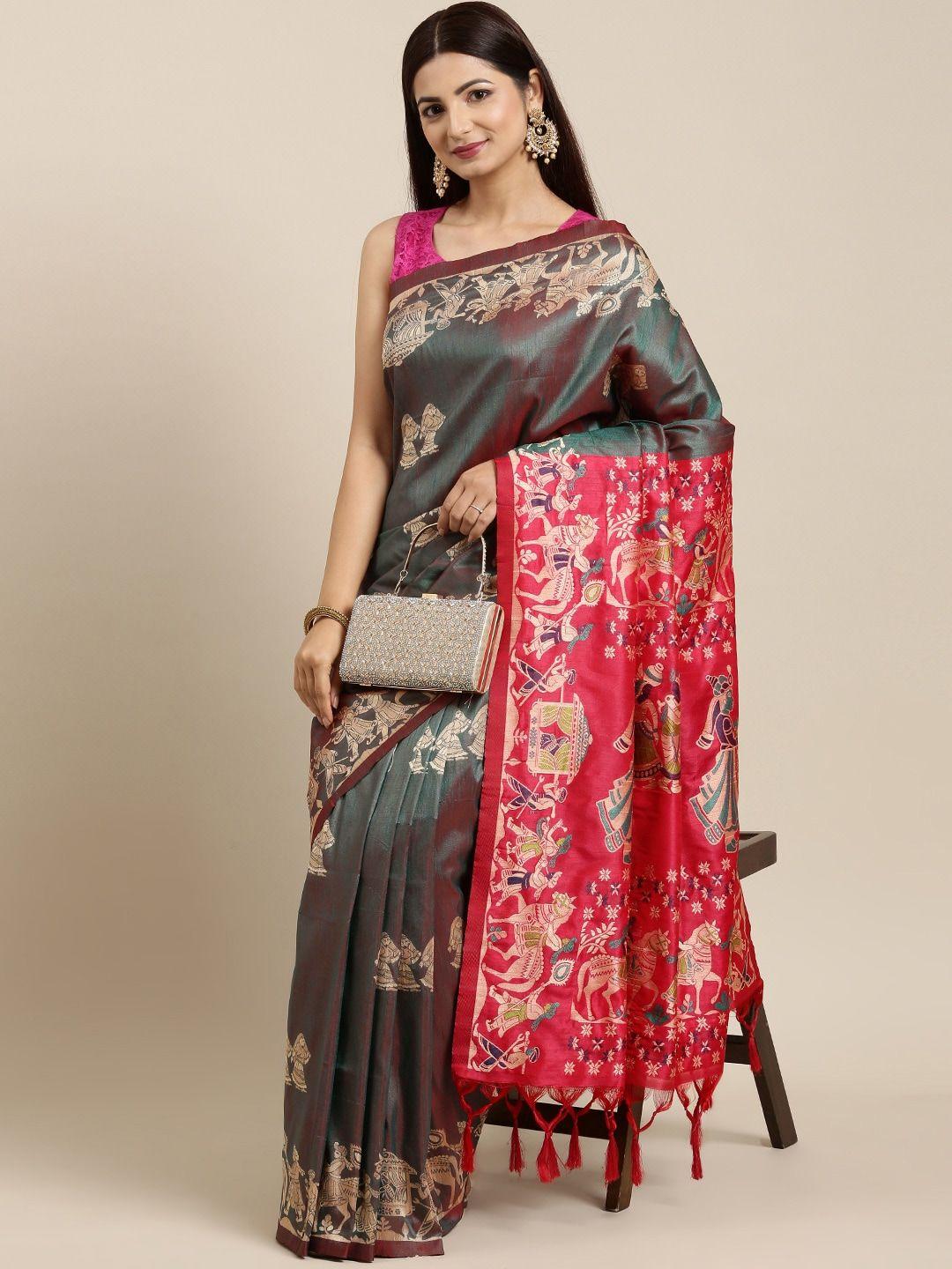 mitera green & pink ethnic motifs silk blend saree