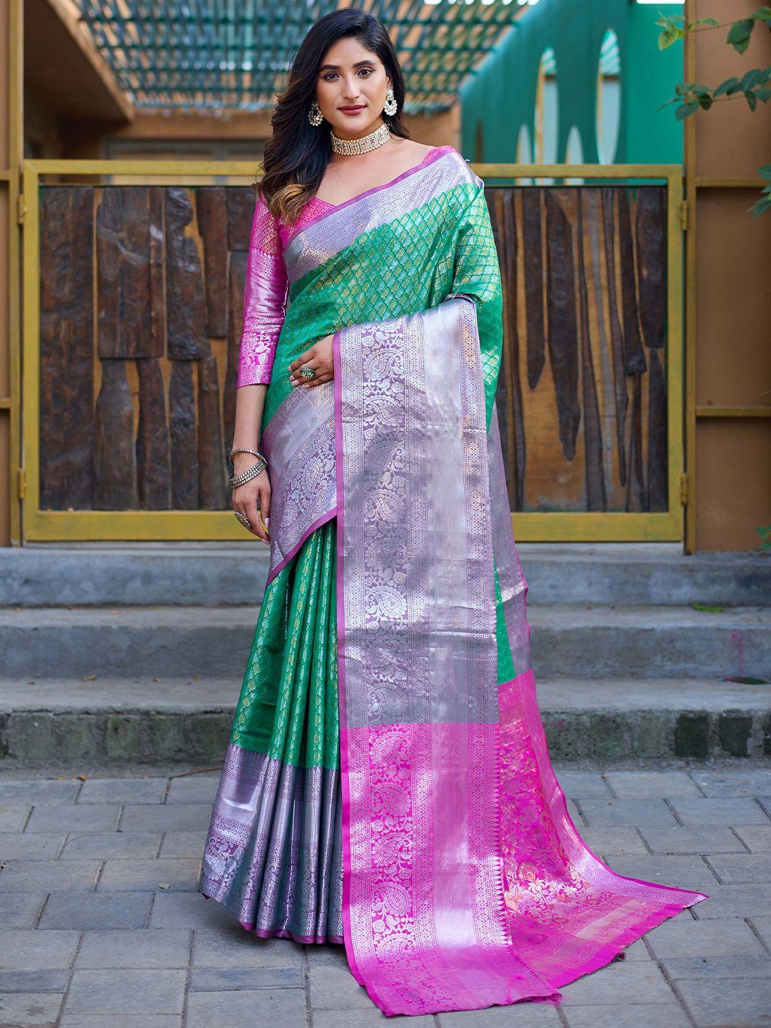 mitera green & pink ethnic motifs woven designed zari kanjeevaram saree