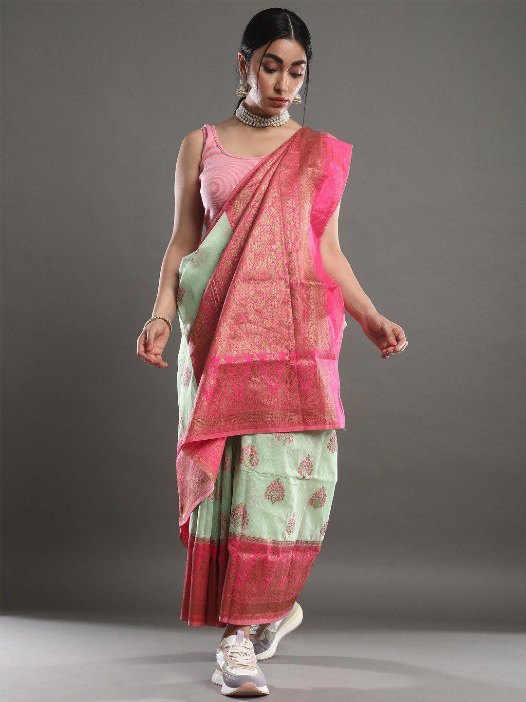 mitera green & pink ethnic motifs zari linen blend banarasi saree